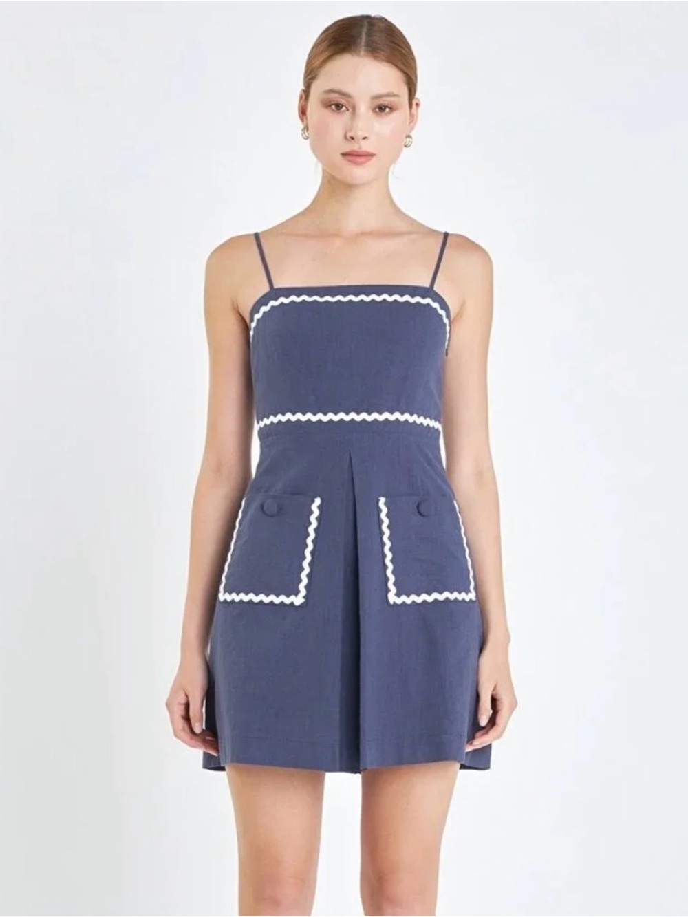 English Factory Navy Mini Dress with White Ric Rac Trim